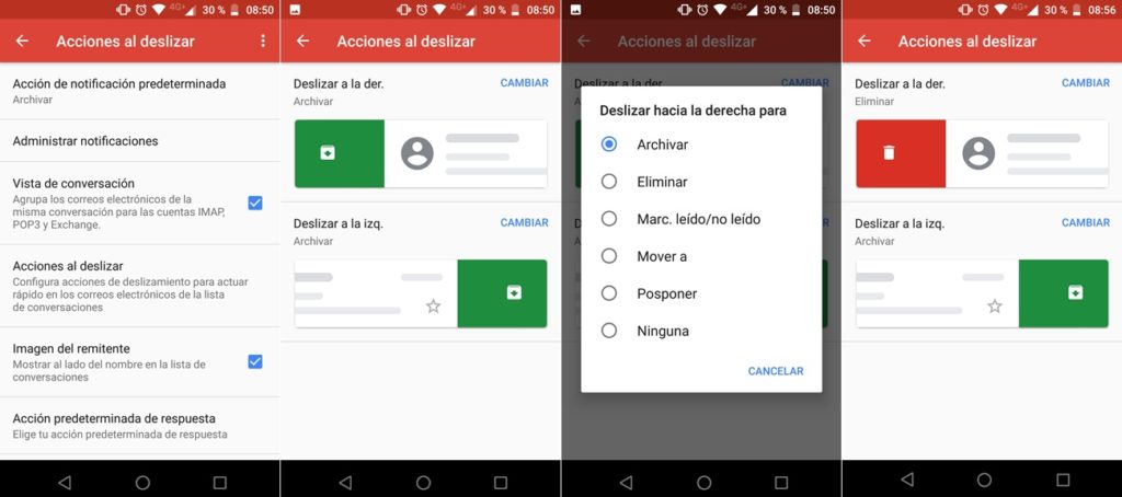 Acciones al deslizar Gmail