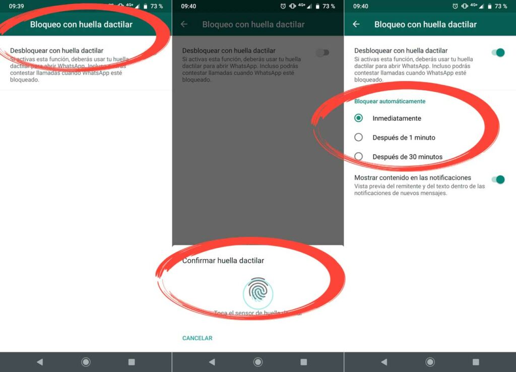 WhatsApp bloqueo huellas Android