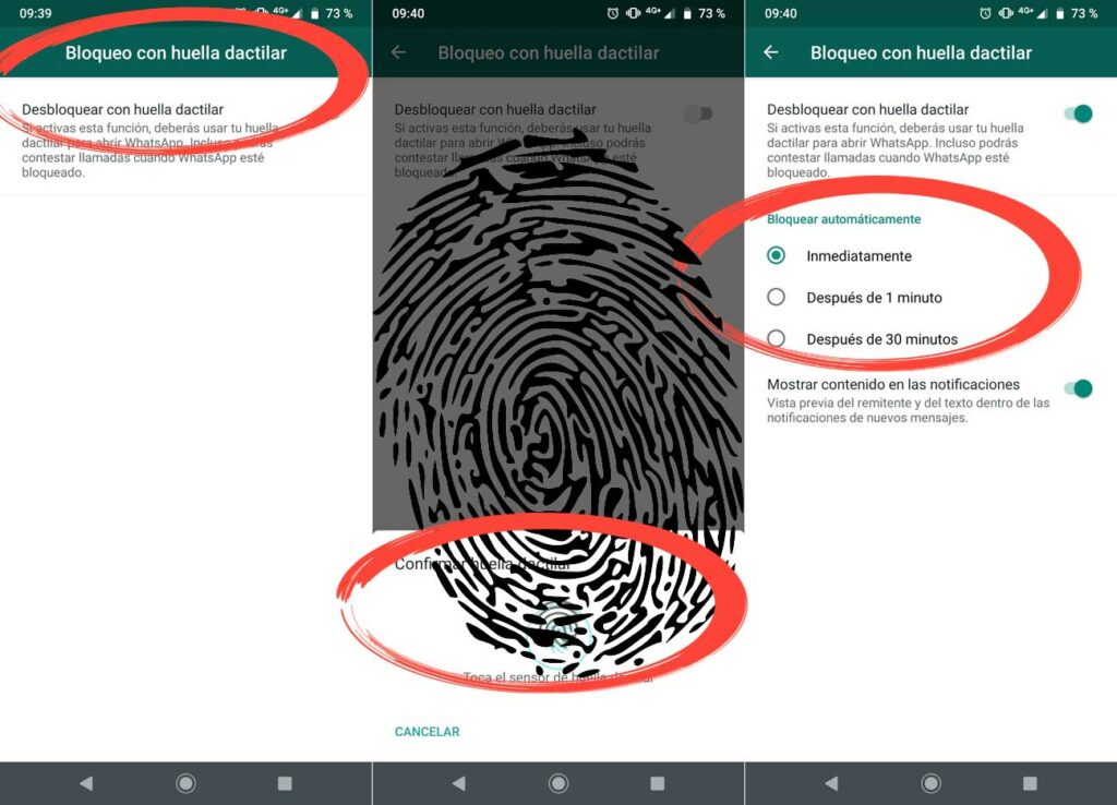 WhatsApp bloqueo huellas Android